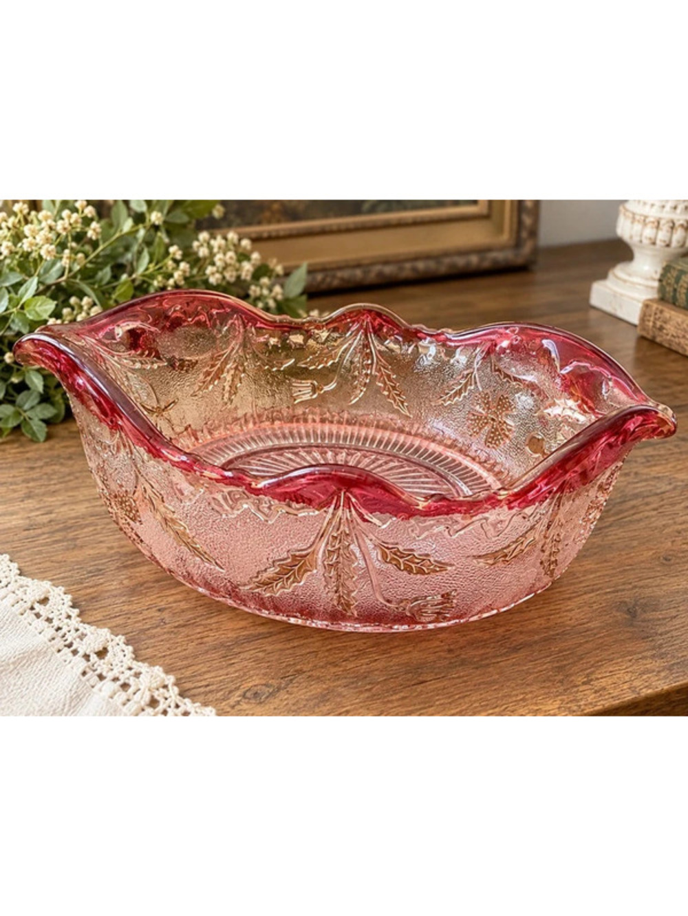 Vintage Pink Pressed Glass Holly Berry Ruffled Serving Bowl